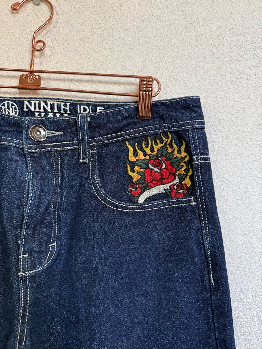 Ninth Idle Hall Y2K Wide Leg Jeans Embroidered Flame Rose Dark Wash Sz 6 - Picture 4 of 15